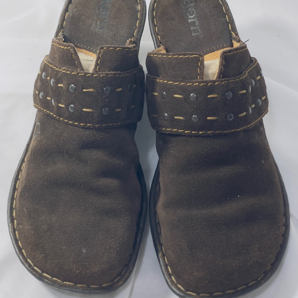 Born Brown Suede Clog Mules with Stitch Detail And Cozy Rustic Comfort.